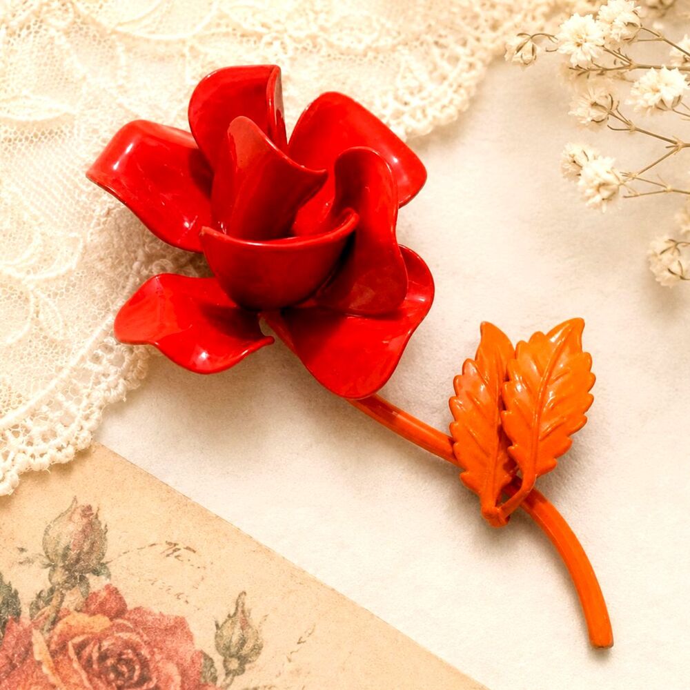Vintage Red Orange Enamel Flower Brooch